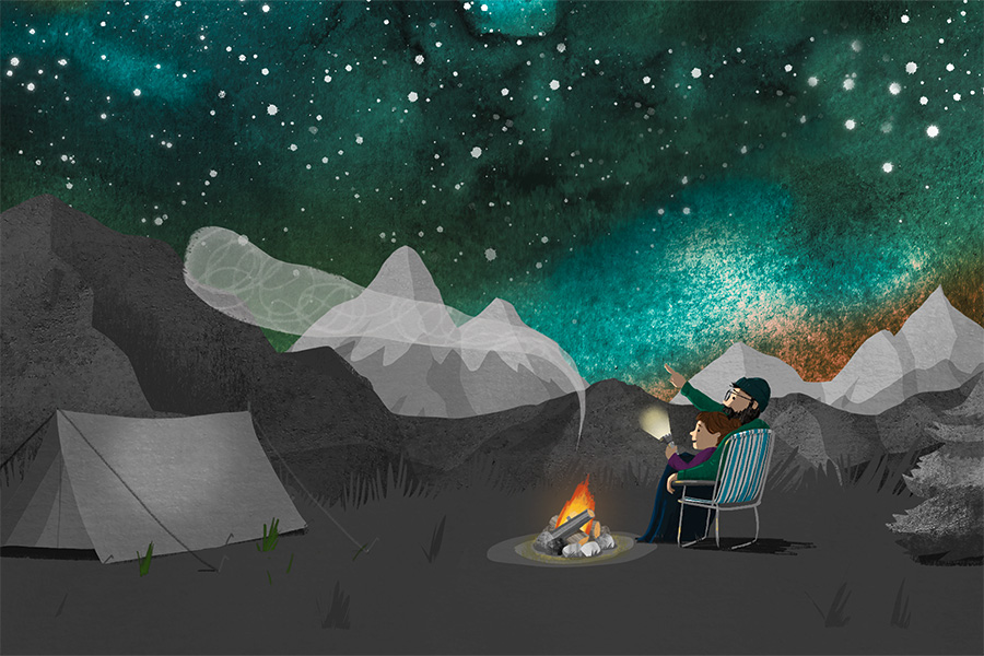 Illustration des Buchcovers. Ein Vater sitzt mit seinem Sohn vor deren Zelt und einem Lagerfeuer und blicken in den Sternenhimmel