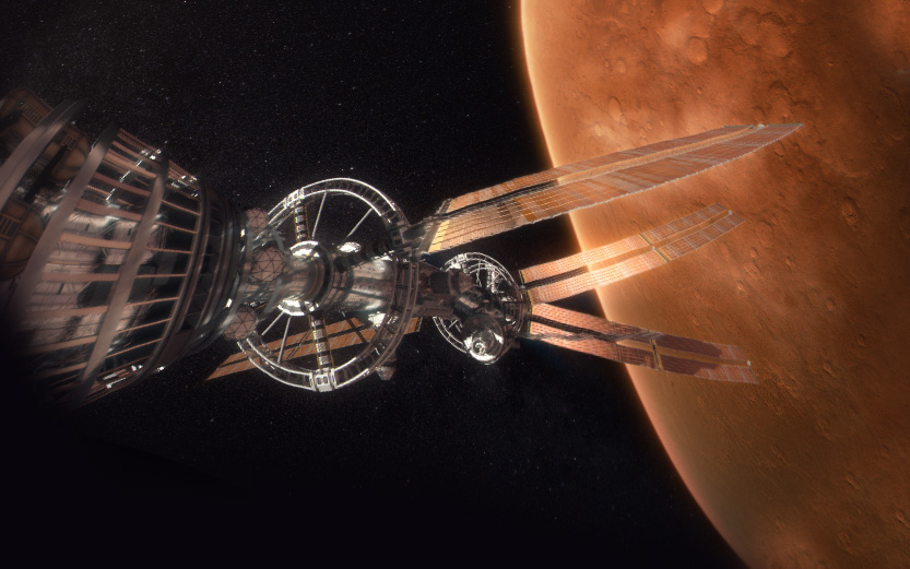 Eine Raumstation schwebt im All und ein Planet ist im Anschnitt im Hintergrund zu sehen.