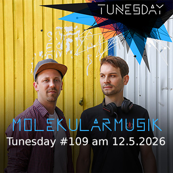 Zwei Männer stehen vor einer bunten Bretterwand. Dazu noch grafische Gestaltung des Tunesday.