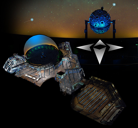 Das Bild zeigt die Übersicht des Planetariums in einer 3D-Tour und ein Zeiss Universarium sind zu sehen