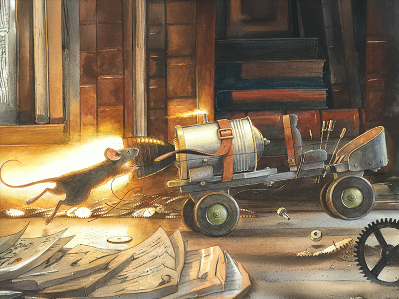 Die Maus hängt an einem Raketenrollschuh, der mit Flammen aus dem Heck durchs Bild saust. 