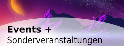 Ausschnitt einer pinken Orange Welt mit Planet im Hintergrund. In Worten Events + Sonderveranstaltungen