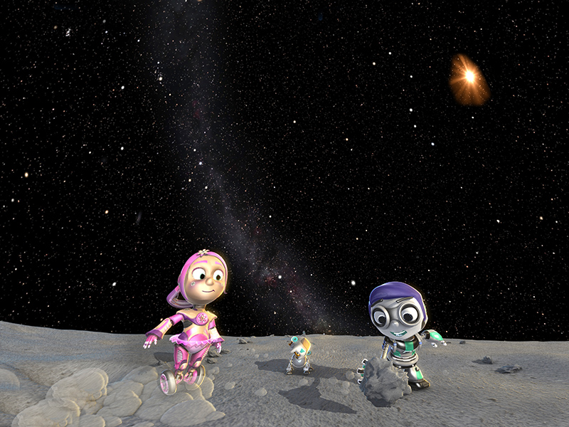 Ein rosa bekleidetes Mädchen auf Rädern steht auf der Mondoberfläche. Neben ihr ist ein Roboter-Junge und ein Roboter-Hund zu sehen. Im Hintergrund sind das All und Sterne zu sehen.