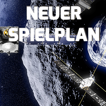 Ein kleiner Mond, eine Sonde und das All sind zu sehen. Text: Neuer SPielplan