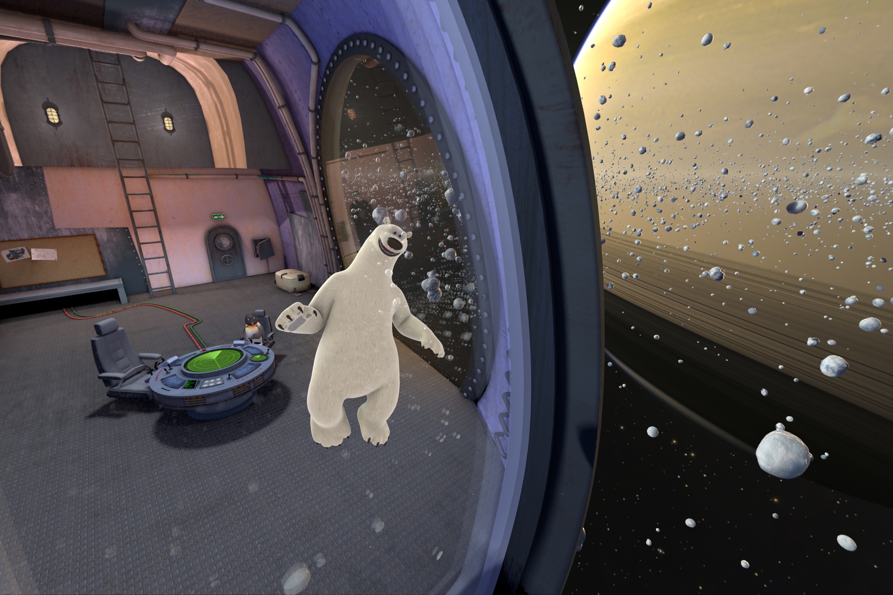 Ein Eisbär blickt aus dem Fenster eines Raumschiffs. Außerhalb ist ein Planet und viele Gesteinsbrocken zu sehen.