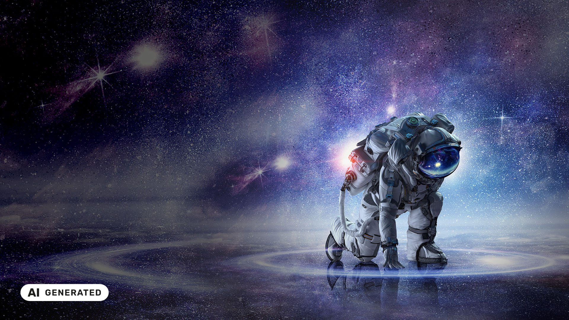 Ein Astronaut kniet auf einer spiegelnden Oberfläche in einer futuristisch erleuchteten Umgebung im All.