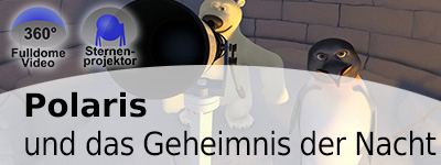 Ein Eisbär und ein Pinguin schauen durch ein Fernrohr. Links sind zwei Icons mit 360° FulldomeVideo und Sternenprojekt zu sehen.