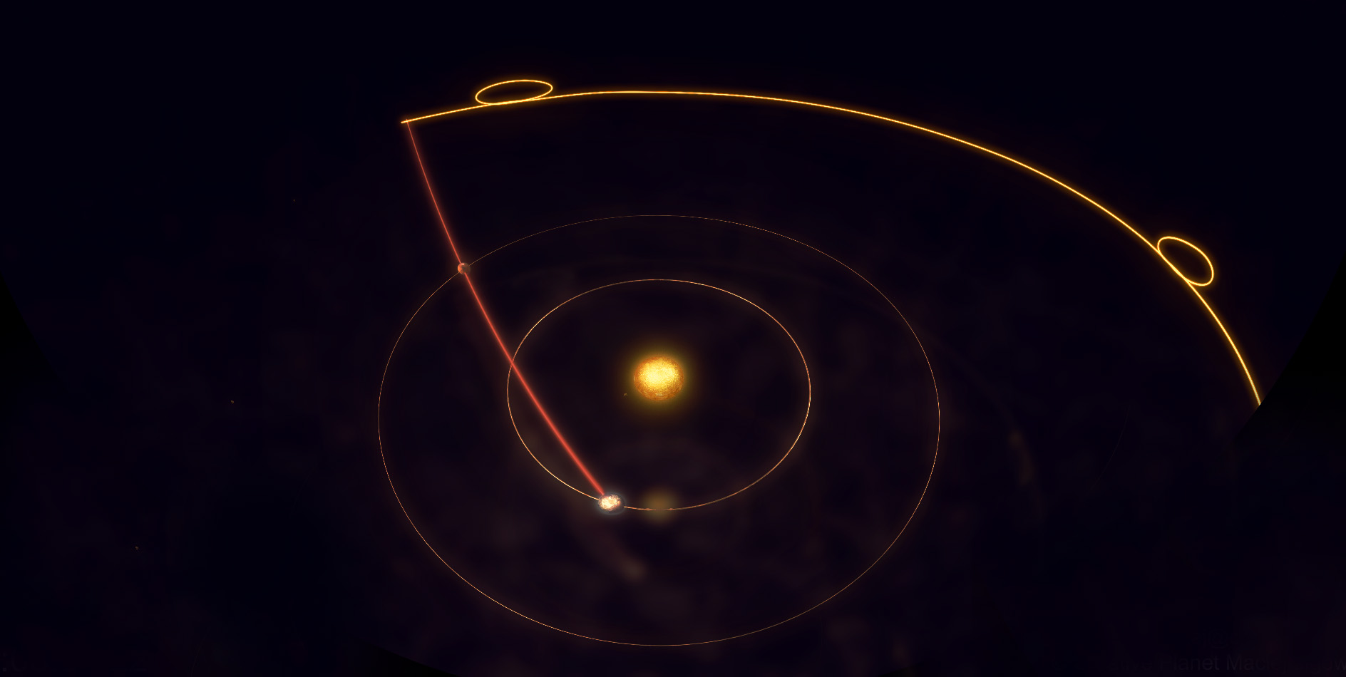 Unser Sonnensystem ist zu sehen und Flugbahnen sind eingezeichnet.