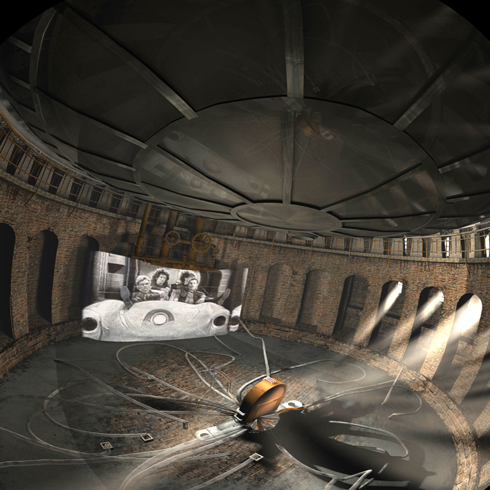 Das Innere eines großen runden Gebäudes ist zu sehen, mit einer Leinwand auf derdie Band zu sehen ist. Licht fällt durch runde Öffnungen auf ein technisches Gerät. 