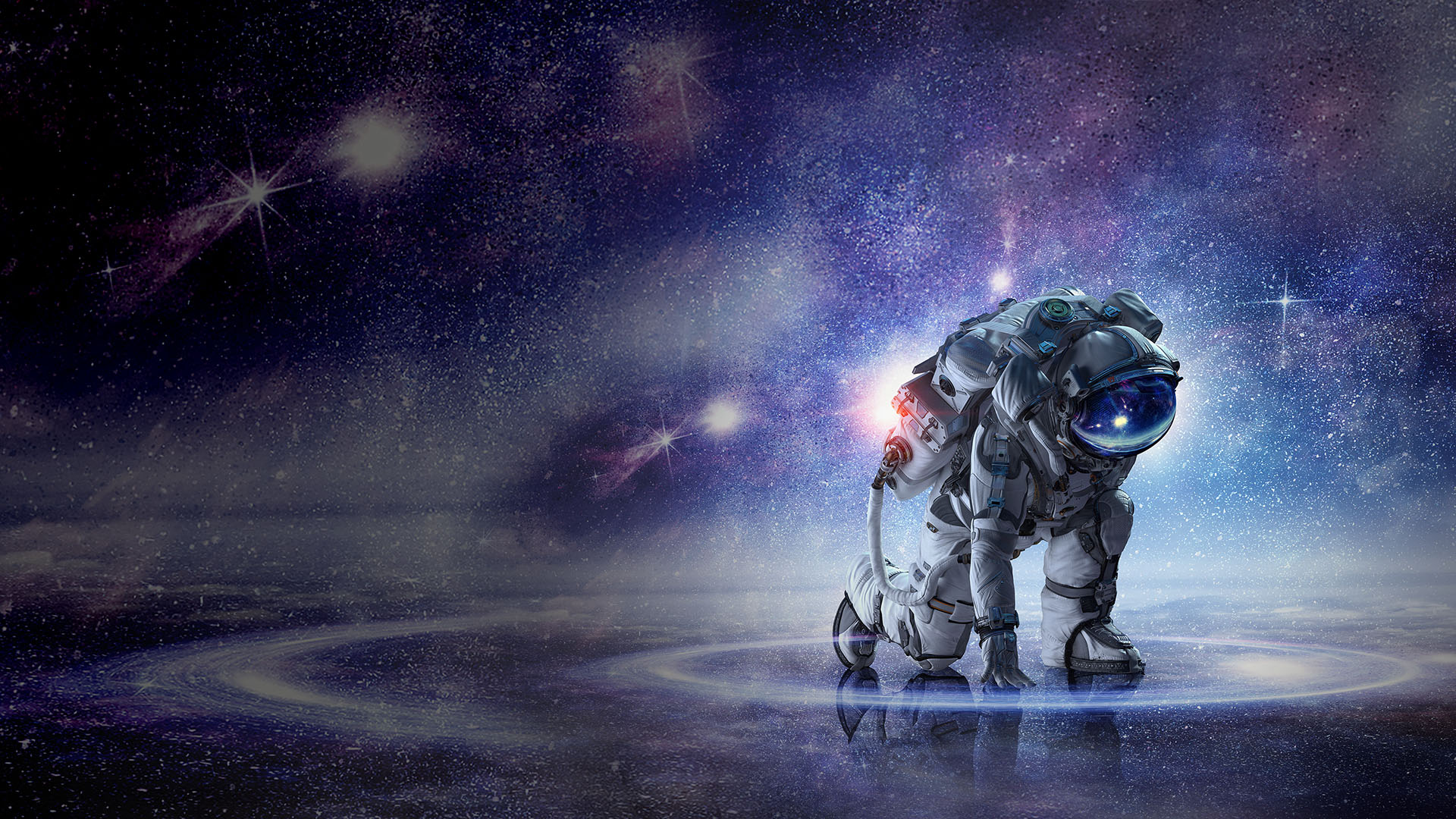 Ein Astronaut kniet auf einer spiegelnden Oberfläche in einer futuristisch erleuchteten Umgebung im All.