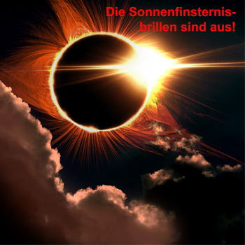 Eine Bildkollage aus der Sonne, dem Mond der die Sonne verdunkelt und Wolken.