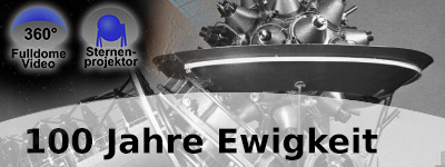 Ein alter Sternenprojektor ist zu sehen. Bild Schwarz / weiß. Links sind zwei Icons mit 360° FulldomeVideo und Sternenprojekt zu sehen.