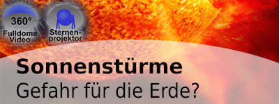 Illustrierte Nahaufnahme der Sonne ist im Anschnitt zu sehen. Links sind zwei Icons mit 360° FulldomeVideo und Sternenprojekt zu sehen.