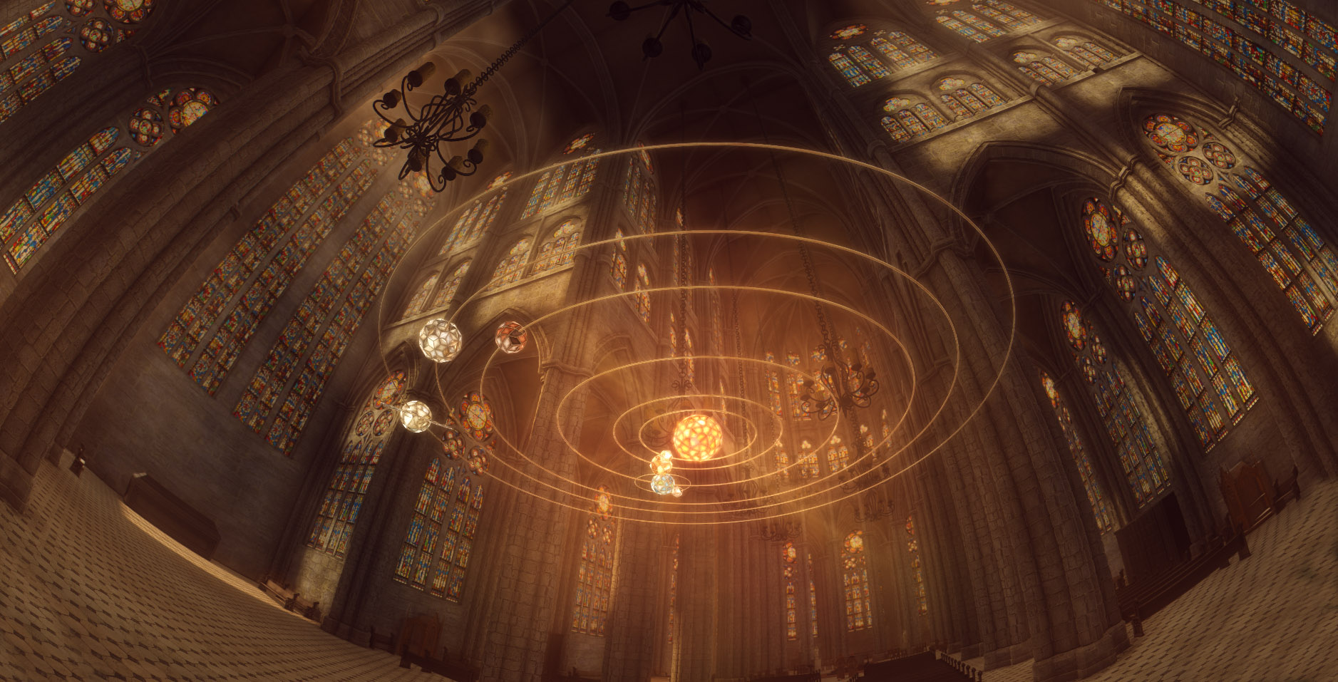 Unser Sonnensystem schwebt in einem kirchenähnlichen Raum. Die Sonne leuchtet.