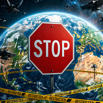Die Illustration zeigt ein Bildkompositing aus rotem Stopschild, einer Erdkugel im Hintergrund und etlicher außerirdischer Raumschiffe
