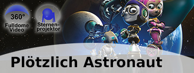 Ein Robert-Hund & -Junge, sowie ein Mädchen stehen stolz vor einem Raumschiff. Links sind zwei Icons mit 360° FulldomeVideo und Sternenprojekt zu sehen.