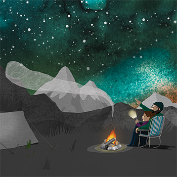 Illustration des Buchcovers. Ein Vater sitzt mit seinem Sohn vor deren Zelt und einem Lagerfeuer und blicken in den Sternenhimmel