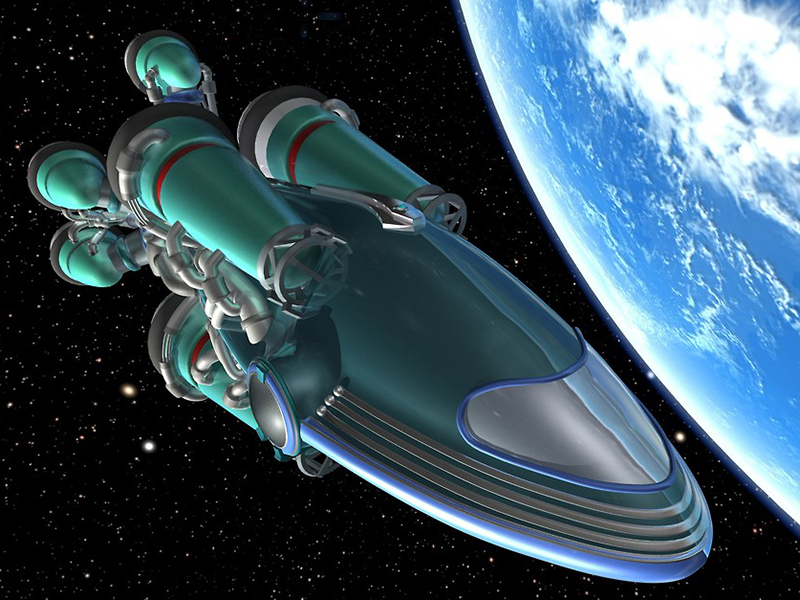 Ein grünes Raumschiff schwebt im All. Im Hintergrund ist die Erde im Anschnitt zu sehen.