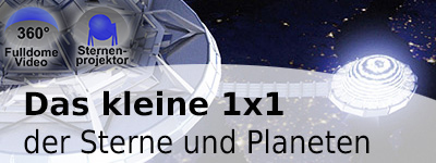 Raumstation im All. Links sind zwei Icons mit 360° FulldomeVideo und Sternenprojekt zu sehen.