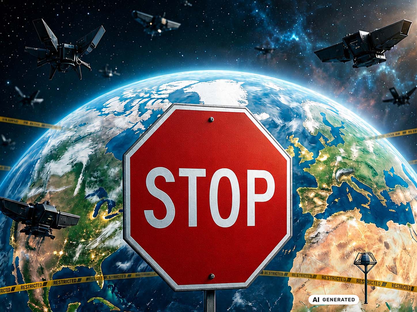 Eine Illustration zeigt ein Bildkompositing aus rotem Stopschild, einer Erdkugel im Hintergrund und etlicher außerirdischer Raumschiffe