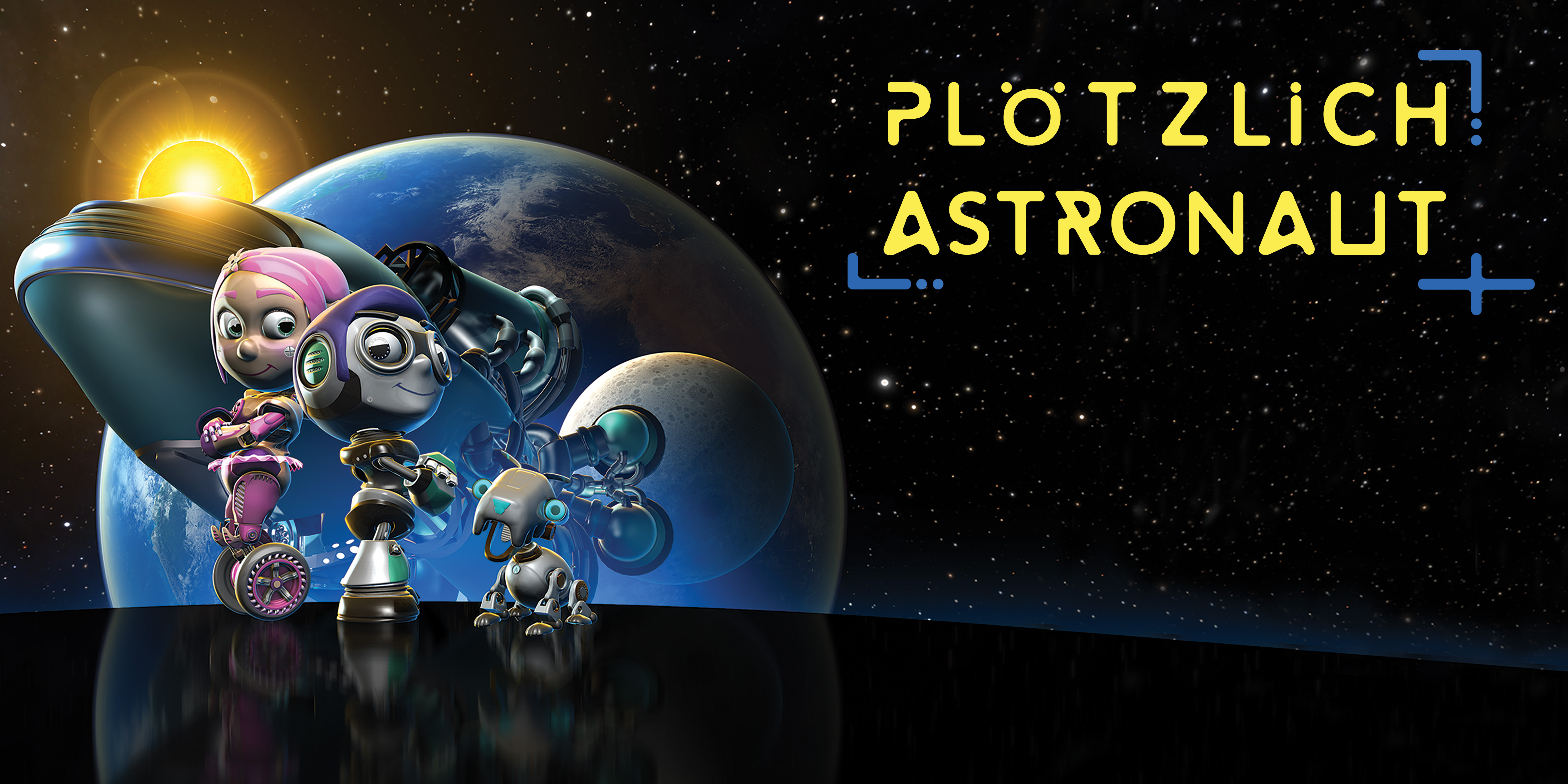 Ein Mädchen, rosa bekleidet auf Rädern, sowie ein Roboter-Junge und sein Roboterhund stehen vor der Erde, einer Sonne, dem Mond und einem Raumschiff und schauen stolz.