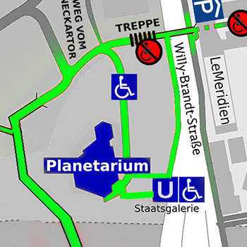 Das Bild zeigt den Umgebungsplan des Planetariums und entsprechender Wegeführung
