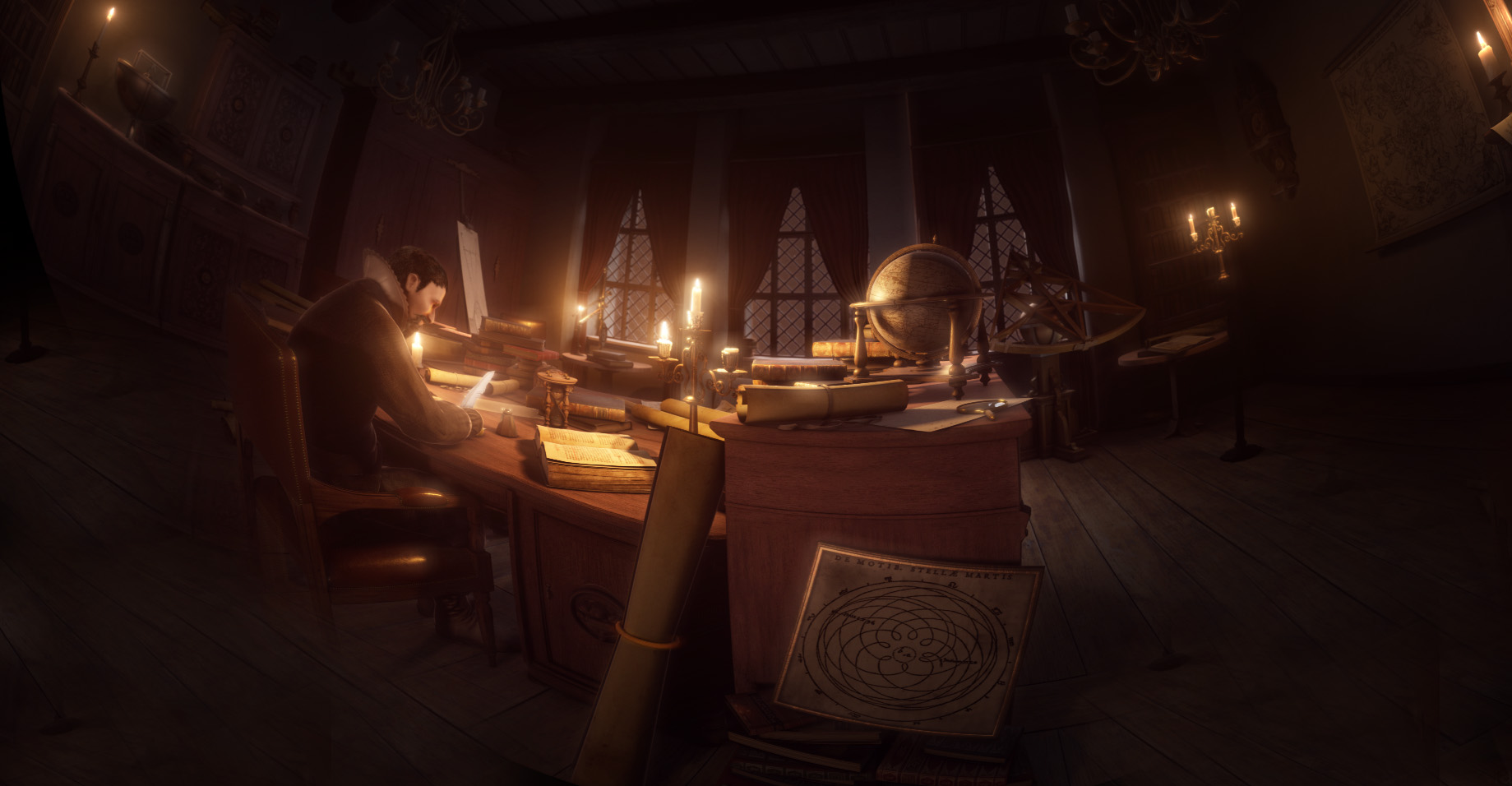 Johannes Kepler sitzt an seinem Schreibtisch, der vollgepackt ist mit Schriftstücke, einem Globus und mit diversen Kerzen.