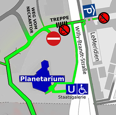 Das Bild zeigt den Umgebungsplan des Planetariums und entsprechender Wegeführung
