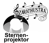 Icon mit Sternenprojektor und Zarathustra auf Notenlinien.