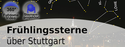 Eine Stadt in der Nacht ist zu erkennen, sowie eingezeichnete Sternbilder. Links sind zwei Icons mit 360° FulldomeVideo und Sternenprojekt zu sehen.