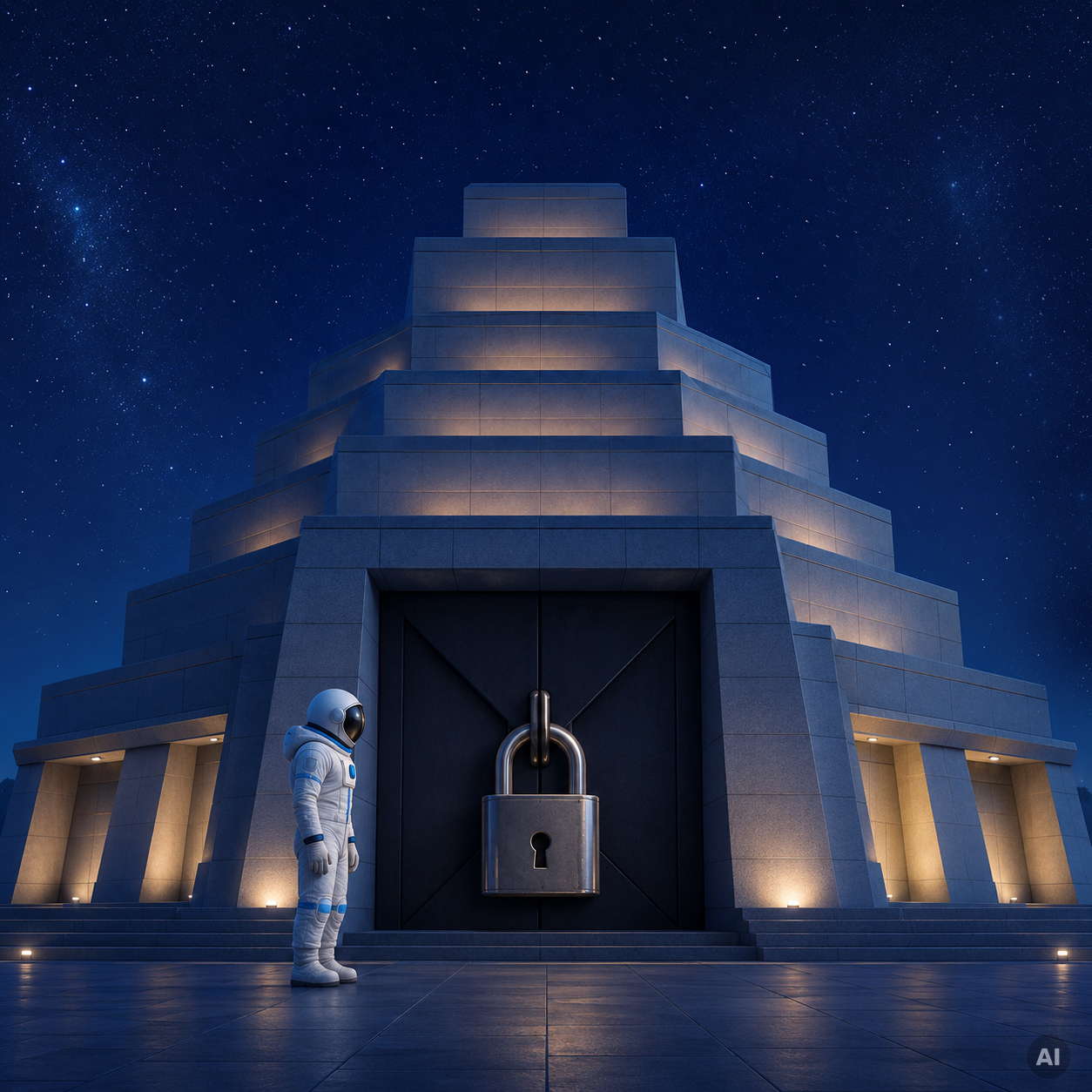 Ein Astronaut steht vor einer von innen beleuchteten Pyramide. Der Eingang ist mit einem großen U-Schloss verriegelt. Das Bild ist AI-Generiert.