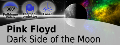 Der Mond und das All / Galaxien sind zu sehen. Links sind drei Icons mit 360° FulldomeVideo, Sternenprojekt und Laser zu sehen.