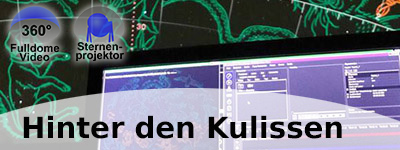 Eine grafische Bildkomposition aus Sternbildern und einem Software-Screen. Links sind zwei Icons mit 360° FulldomeVideo und Sternenprojekt zu sehen.