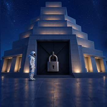 Ein Astronaut steht vor einer von innen beleuchteten Pyramide. Der Eingang ist mit einem großen U-Schloss verriegelt. Das Bild ist AI-Generiert.