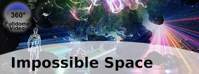 Bunte visuelle grafische Effekte im All, Kometenbruchteile und ein transparenter Menschenkörper in Outlines. Links oben befindet sich ein Icon mit 360° Fulldome Video              