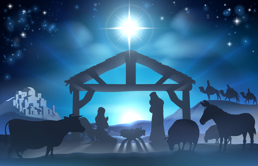 Der Weihnachtsstern funkelt über einer Grippe. Im Bild sind Maria, Josef, Tiere, sowie Bethlehem und die heiligen drei Könige im Hintergrund zu sehen.