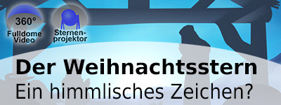 Ausschnitt aus eine Illustration Grippe Stern zu Bethlehem. Links sind zwei Icons mit 360° FulldomeVideo und Sternenprojekt zu sehen.