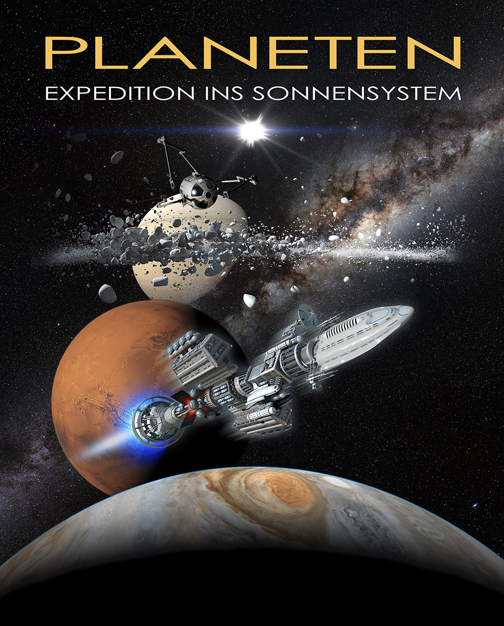 Das Plakat zur Show "Planeten - Expedition ins Sonnensystem" ist zusehen. Ein Raumschiff fliegt durchs All. Planeten sind zu sehen sowie die Milchstrasse und Gesteinsbrocken.