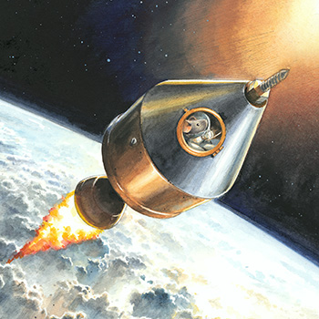 Die Erde ist vom All aus zu sehen. Im Vordergrund eine aus Blechdosen gebasteltete Rakete. Eine Maus schaut aus dem Fenster. Die Sonne ist im Hintergrund zu sehen