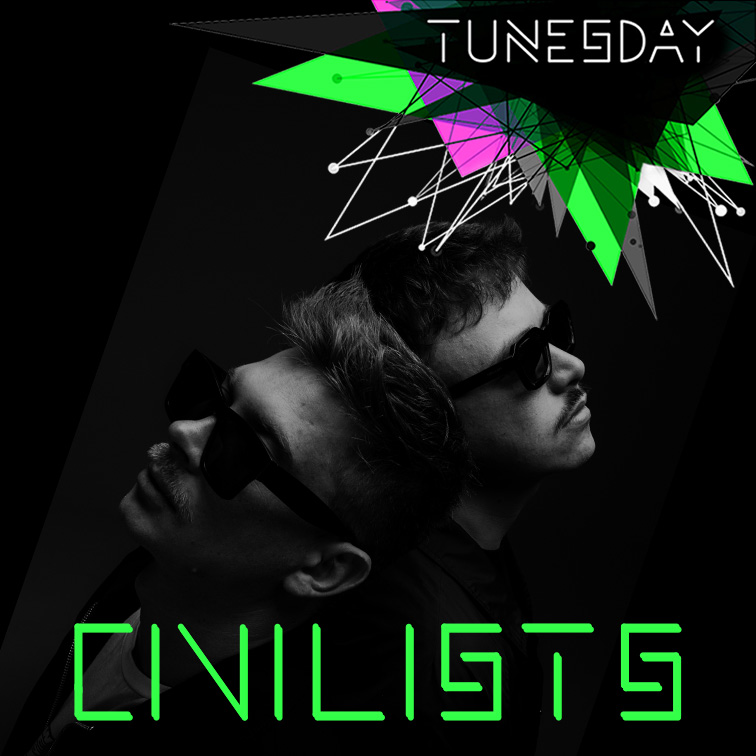 Die Gesichter von zwei Männern / DJs sind zu sehen, sowie die grafische Gestaltung des Tunesday    