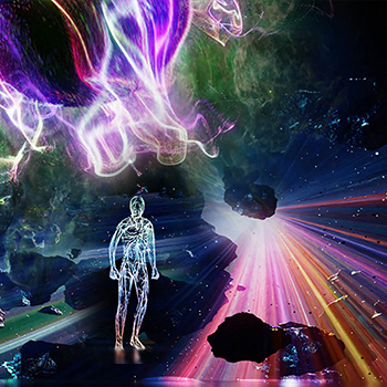 Bunte visuelle grafische Effekte im All, Kometenbruchteile und ein transparenter Menschenkörper in Outlines.