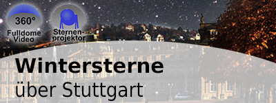 Eine Stadt in der Nacht ist zu erkennen. Links sind zwei Icons mit 360° FulldomeVideo und Sternenprojekt zu sehen.