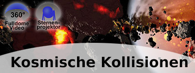 Planeten, Gesteinsbrocken und eine Explosion im All. Links sind zwei Icons mit 360° FulldomeVideo und Sternenprojekt zu sehen.