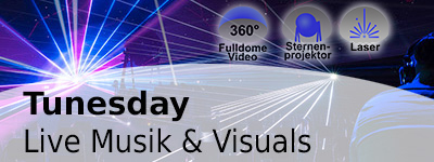 Lasershow / Discolicht in bunten Strahlen in der Planetariumskuppel. Mitte rechts sind drei Icons mit 360° FulldomeVideo, Sternenprojekt und Laser zu sehen.